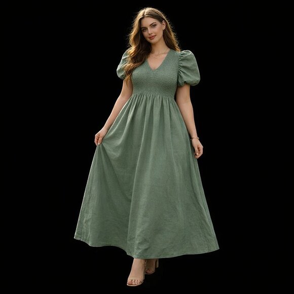 Dresses & Skirts - Women's Sage Green Smocked Puff Sleeve Maxi Dress with Slit, XL